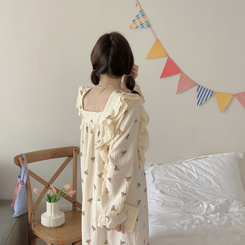 Cotton Yarn Home Wear Floral Flounce Square Collar Nightdress