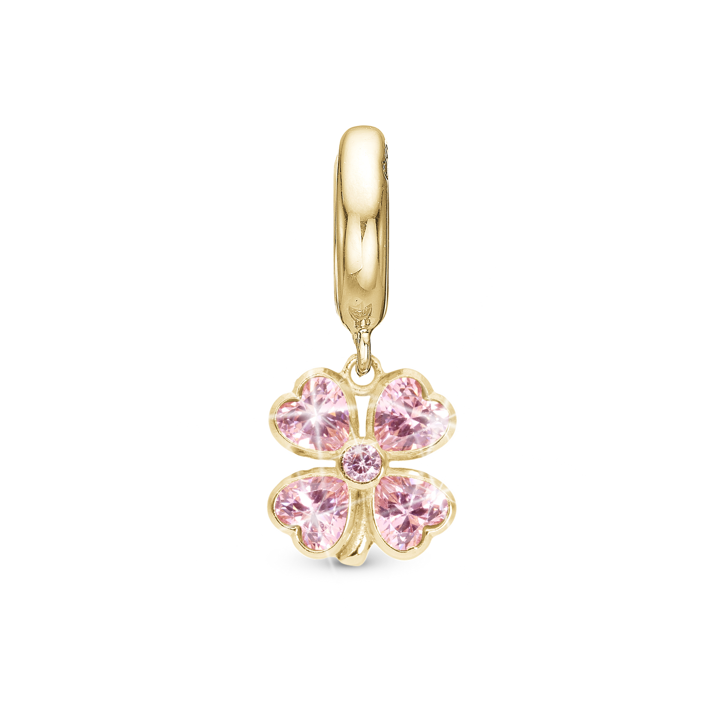 Pink Heart Clover Drop Earring Charm 6 mm for Bracelet - Polished Gold Plated Sterling Silver with 5 Pinke Cubic Zirkonia