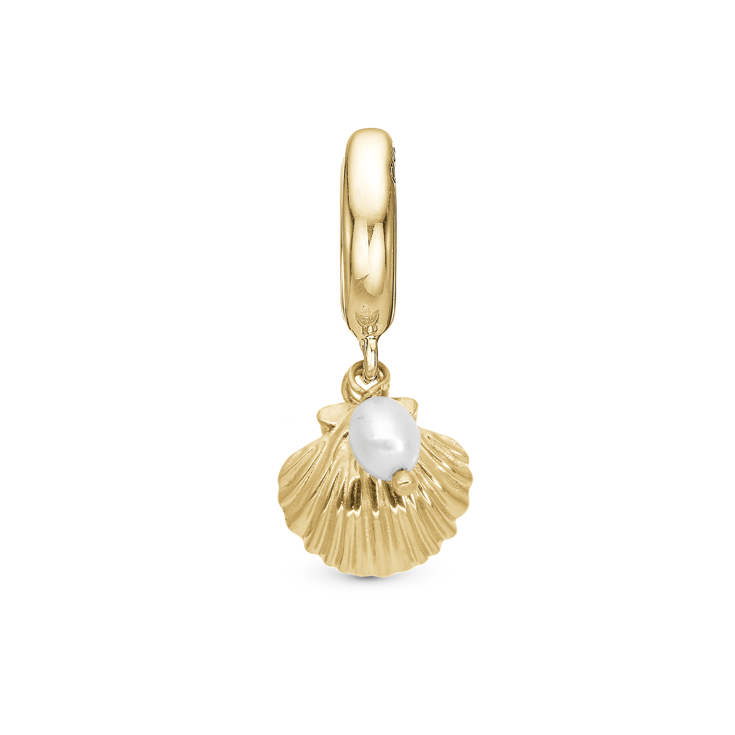 Clam shell Drop Earring Charm 6 mm for Bracelet - Polished Gold Plated Sterling Silver with 1 Ferskvandsperle