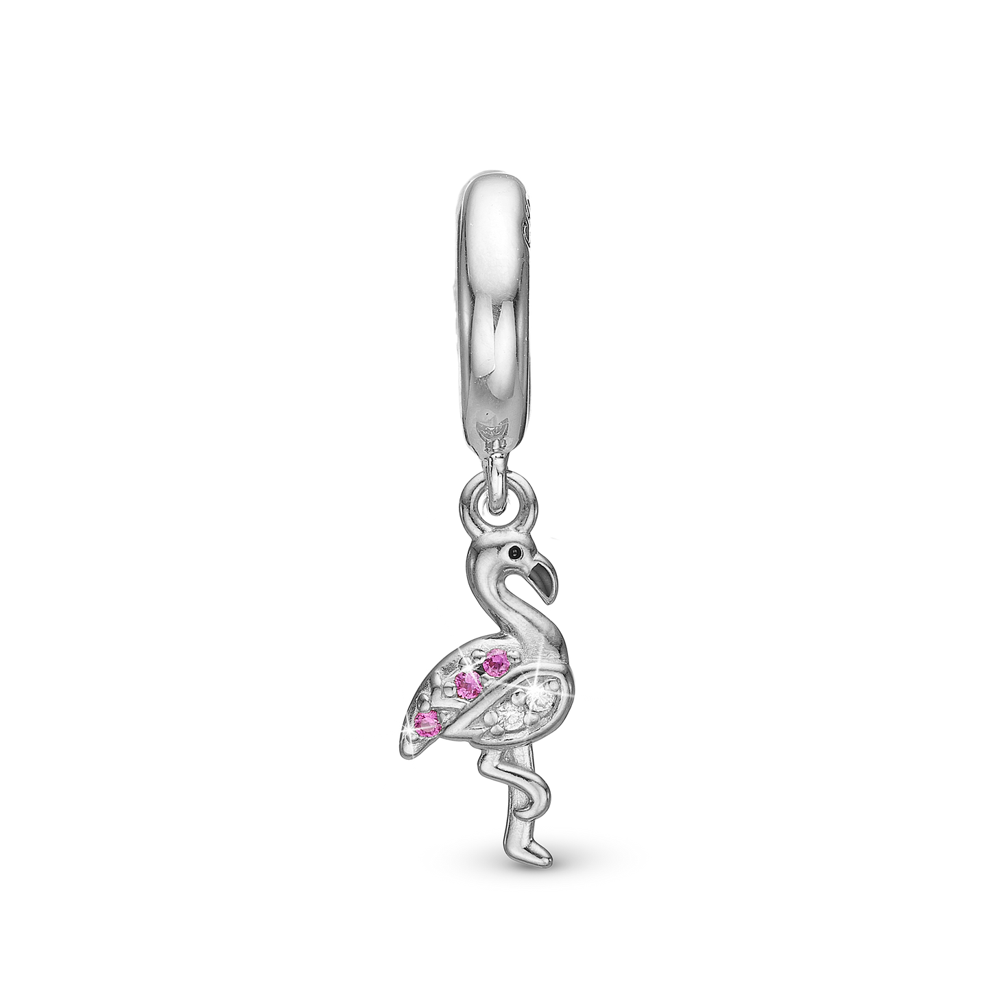 Flamingo Drop Earring Charm 6 mm for Bracelet - Sterling Silver with 5 white Cubic Zirkonia