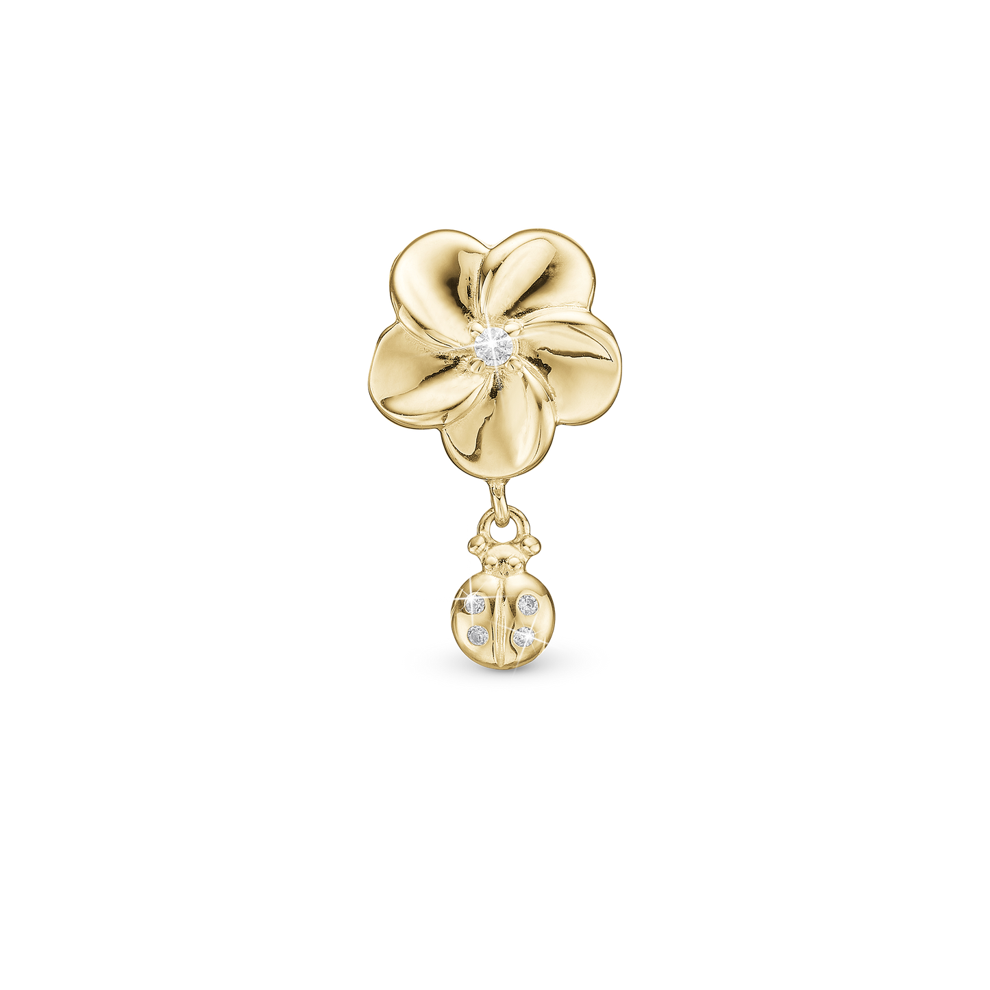 Flower and Ladybird - Drop Earring Charm 4 mm for Bracelet - Gold Plated Sterling Silver with 5 Cubic Zirkonia