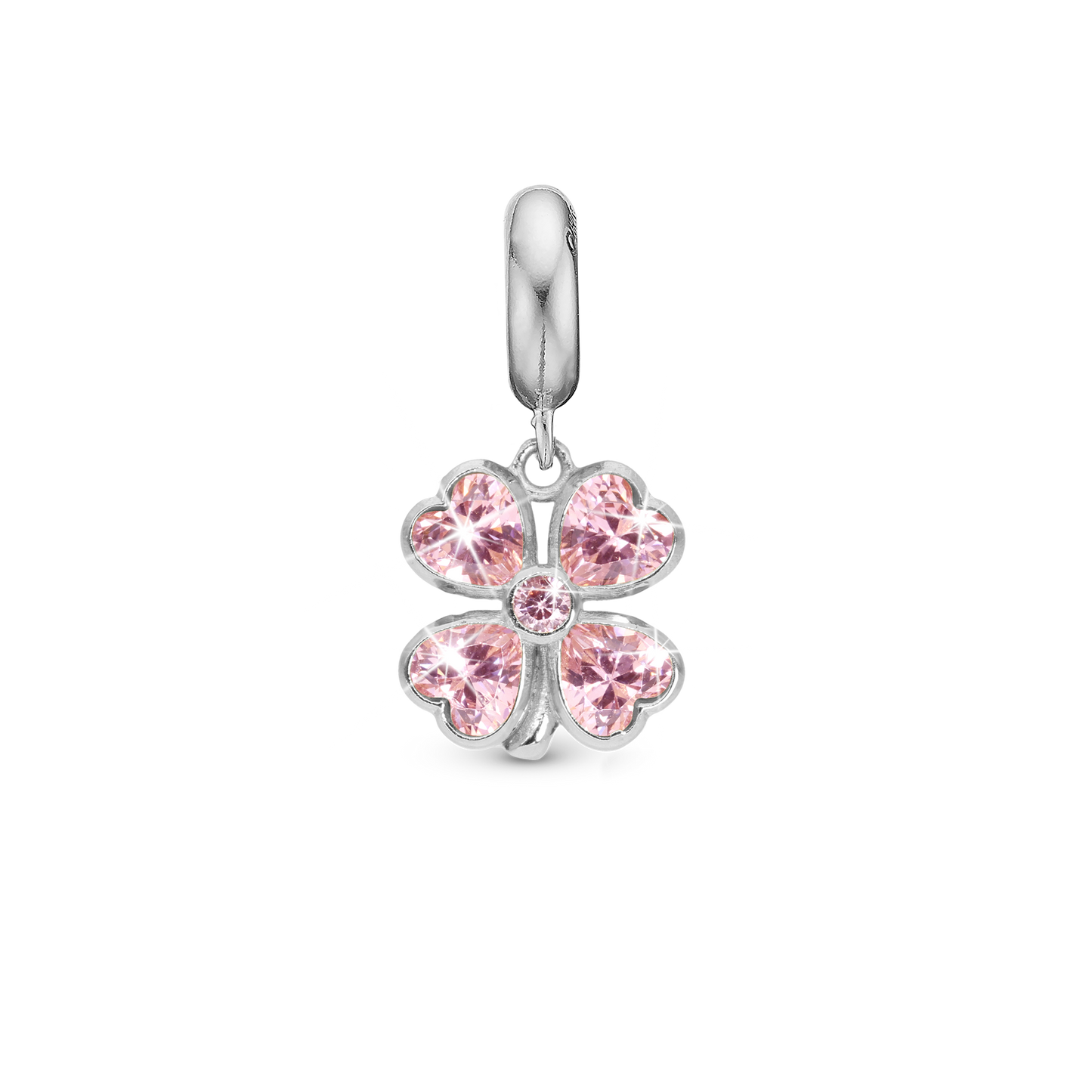 Pink Heart Clover - Drop Earring Charm 4 mm for Bracelet - Polished Sterling Silver with 5 Cubic Zirkonia