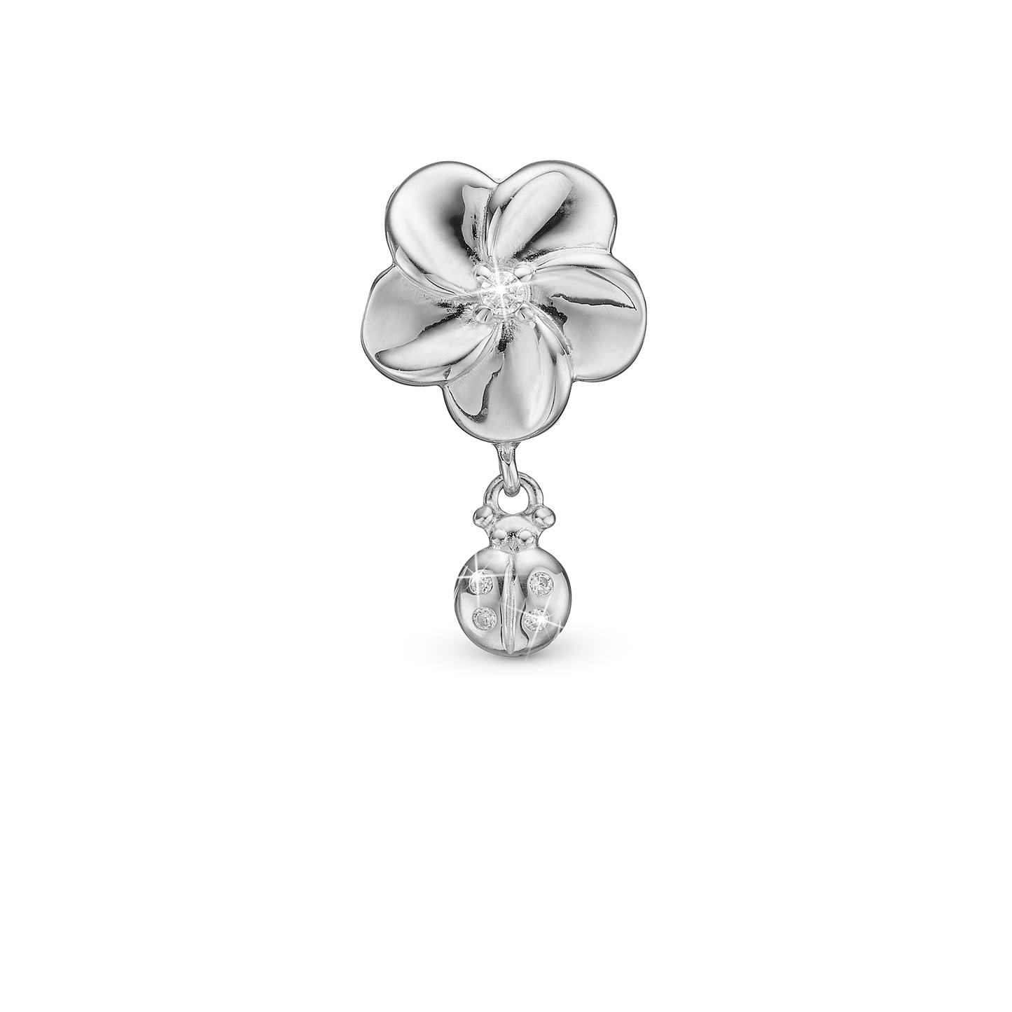 Flower and Ladybird Charm 6 mm for Classic Leather Bracelet - Sterling Silver with 5 white Cubic Zirkonia