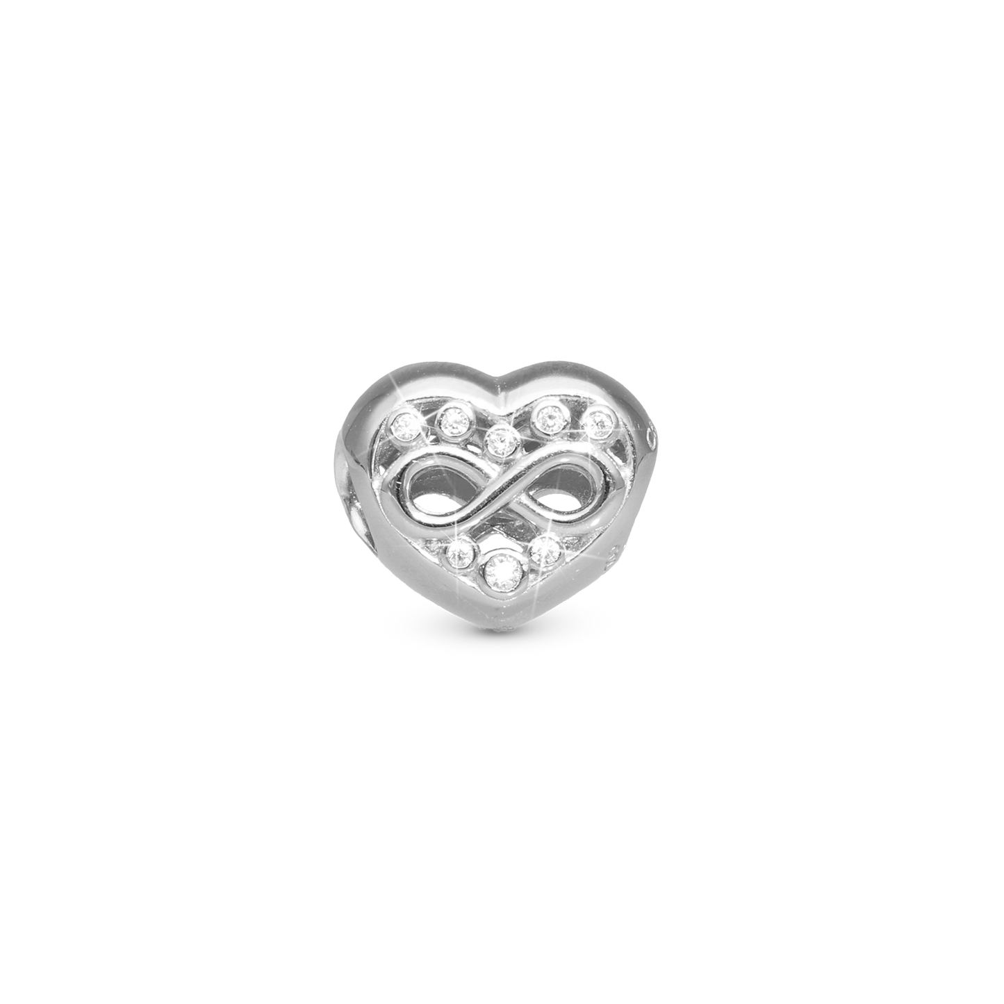 Eternity Love heart Charm 6 mm for Classic Leather Bracelet - Polished Sterling Silver with 16 white Cubic Zirkonia