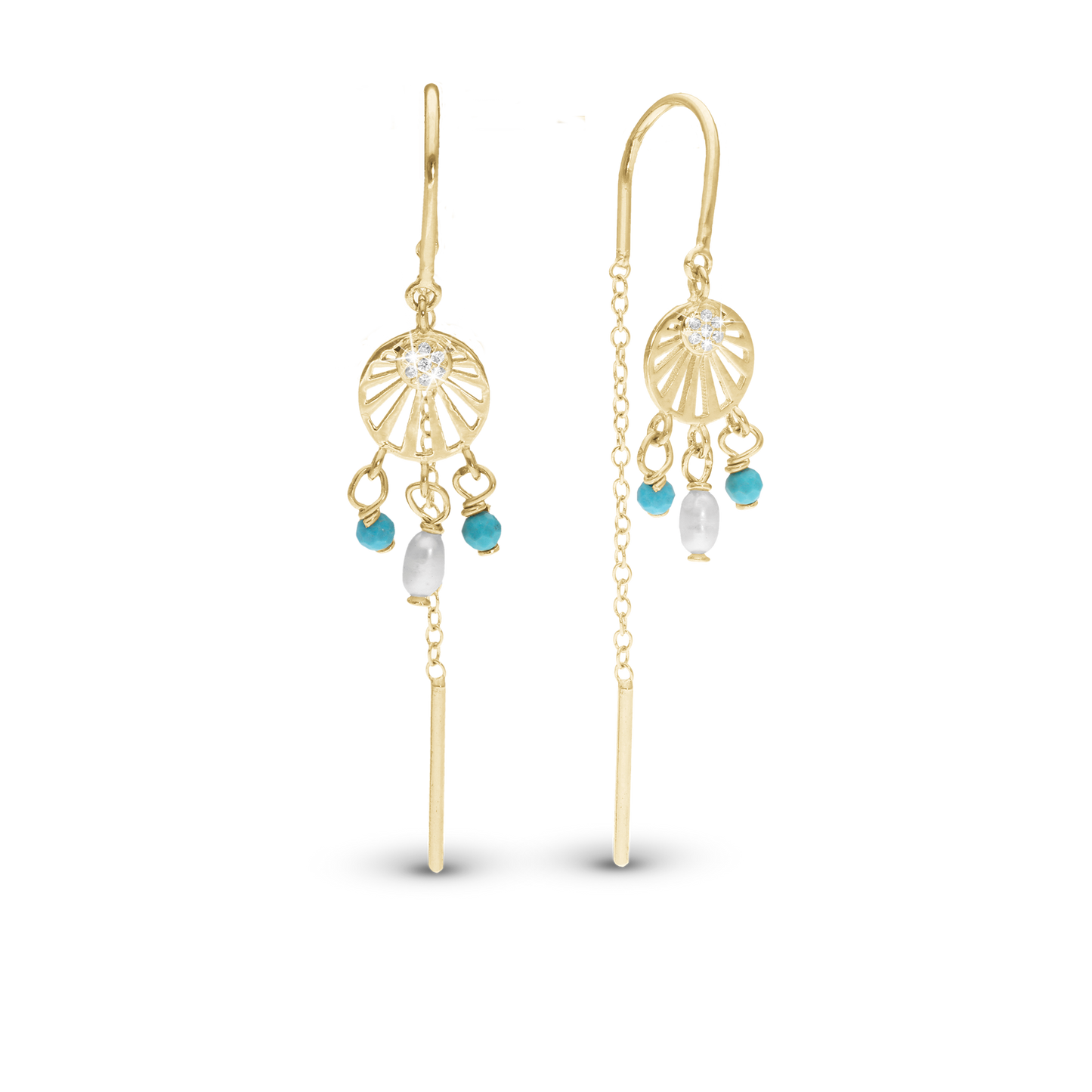 Ocean Sunset Dangle Earring - Polished Gold Plated Sterling Silver with 18 white Cubic Zirkonia