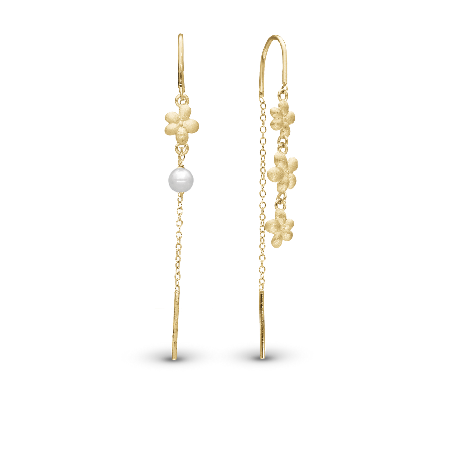 Graceful Flowers Dangle Earring - Matte Gold Plated Sterling Silver with 1 Ferskvandsperle