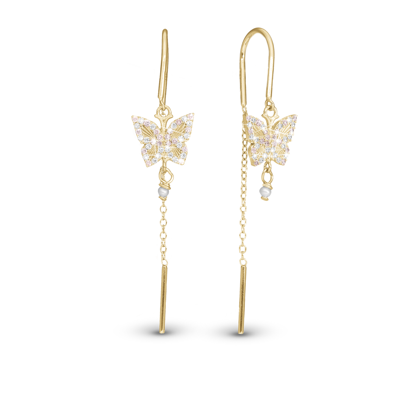 Sparkling Butterfly Dangle Earring - Polished Gold Plated Sterling Silver with 40 white Cubic Zirkonia