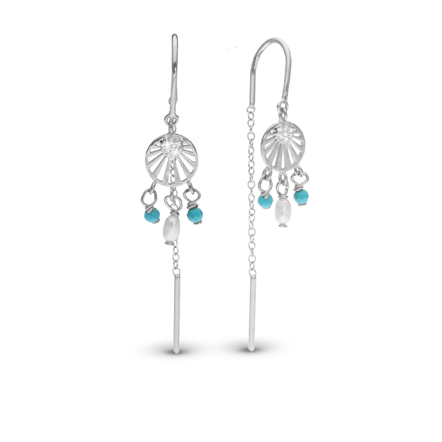 Ocean Sunset Dangle Earring - Polished Sterling Silver with 18 white Cubic Zirkonia