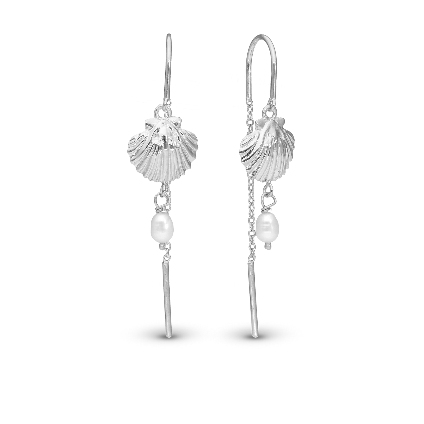 Long Clam Shell Dangle Earring - Polished Sterling Silver with 2 white Ferskvandsperler
