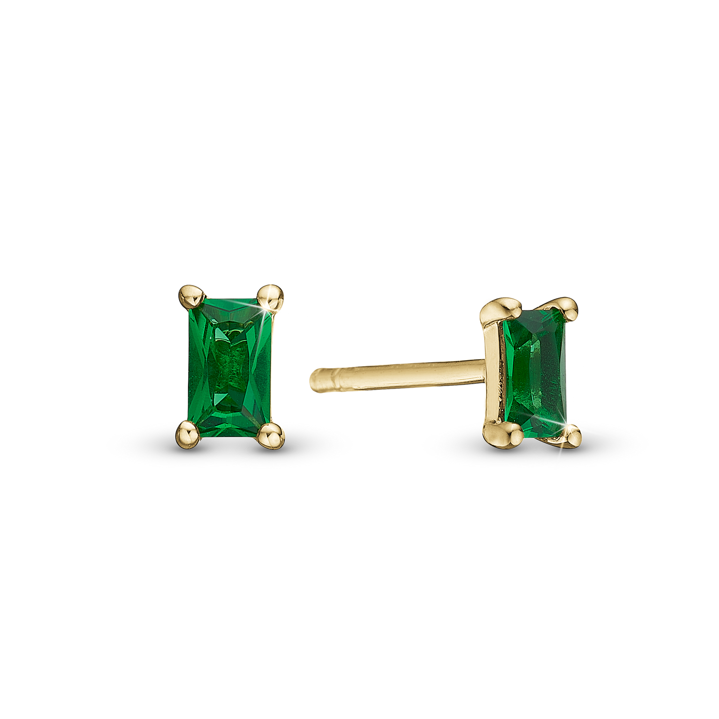 Green Baguette Stud Earrings - Polished Gold Plated Sterling Silver with 2 Greenne Cubic Zirkonia