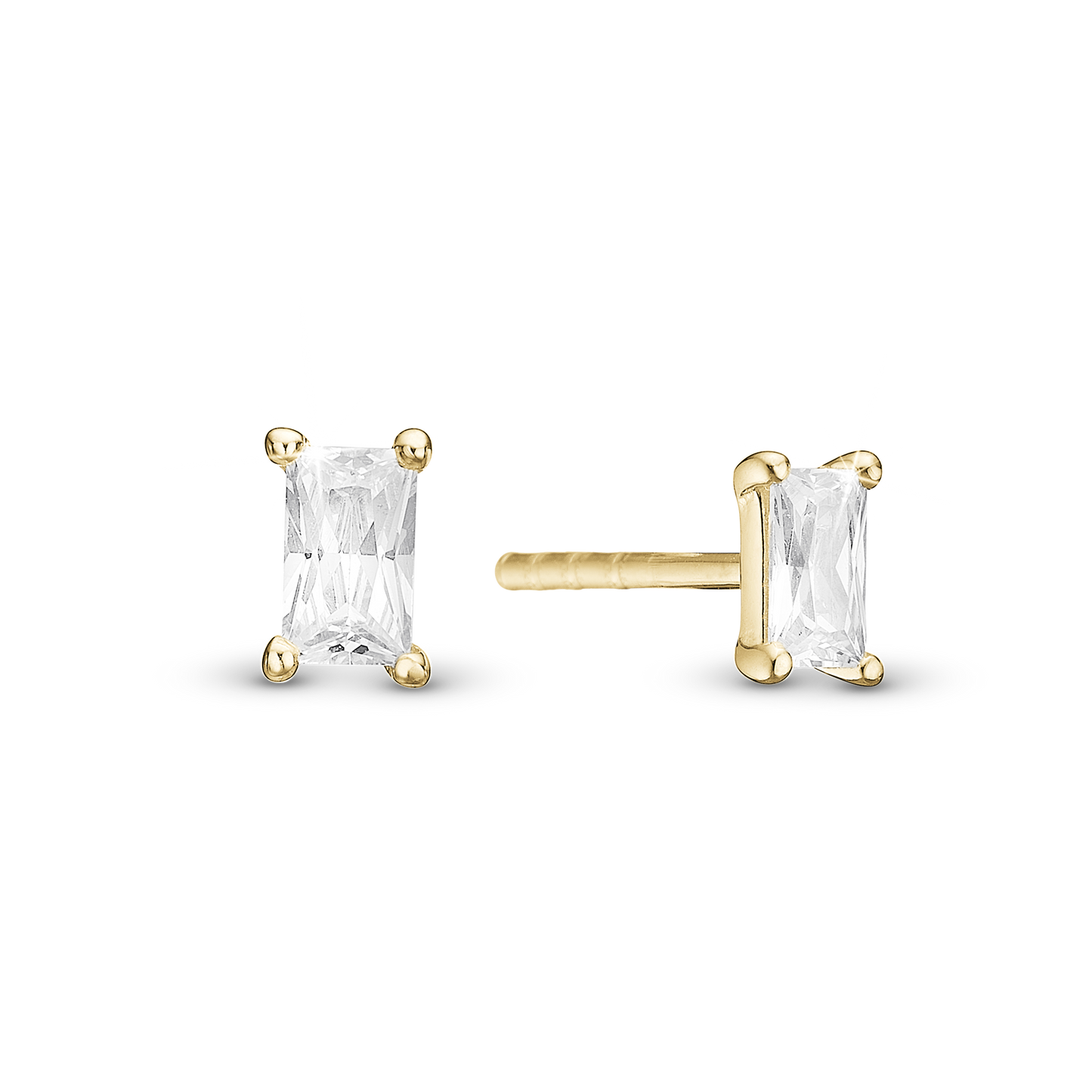 White Baguette Stud Earrings - Polished Gold Plated Sterling Silver with 2 white Cubic Zirkonia
