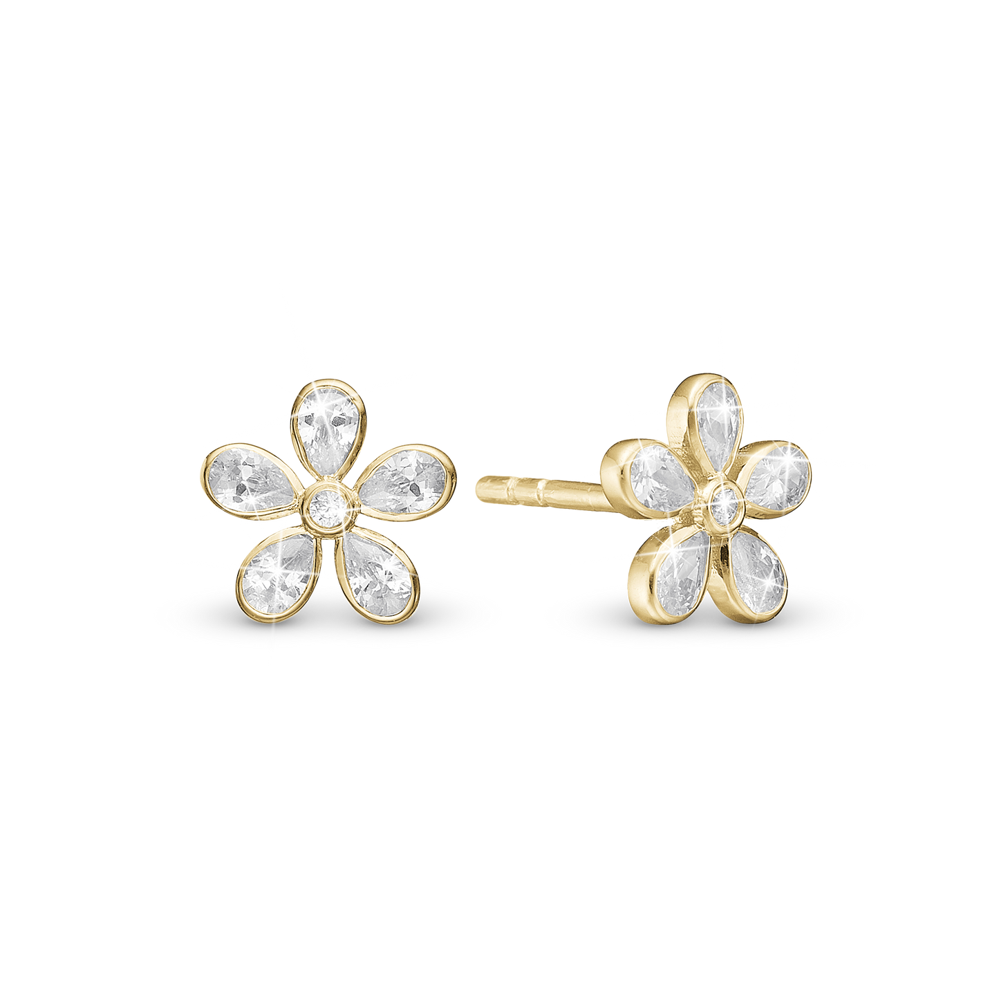 Magic white Flower Stud Earrings - Gold Plated Sterling Silver with 12 white Cubic Zirkonia