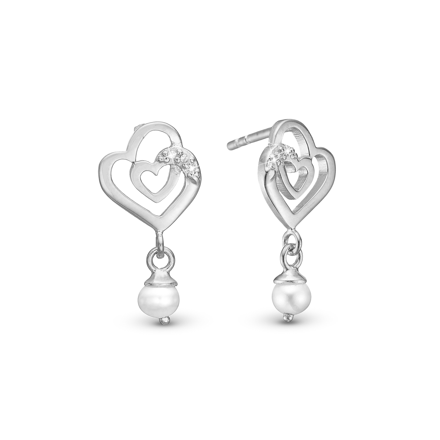 Two Hearts Stud Earrings - Sterling Silver with 8 white Ferskvandsperler