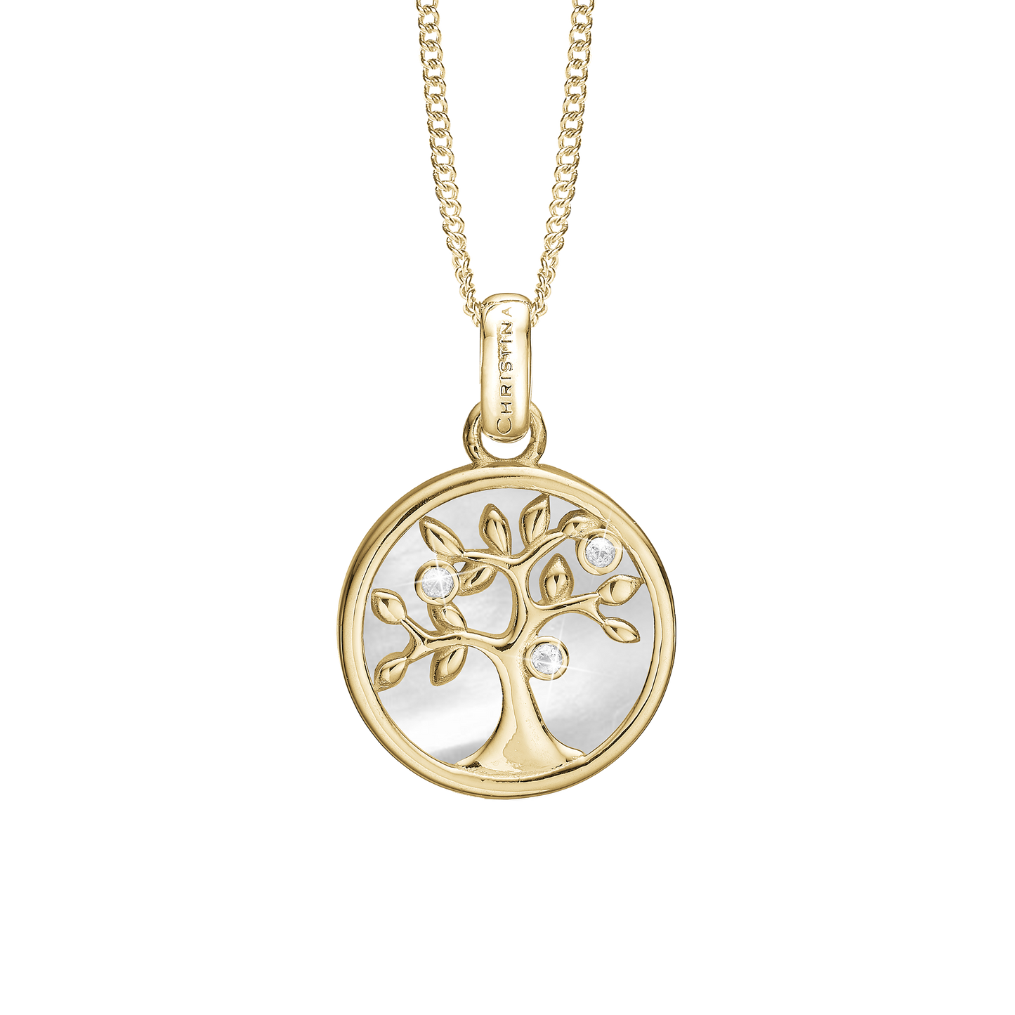Tree of Life perlemor Earring Pendant - Polished Gold Plated Sterling Silver with 3 white Cubic Zirkonia