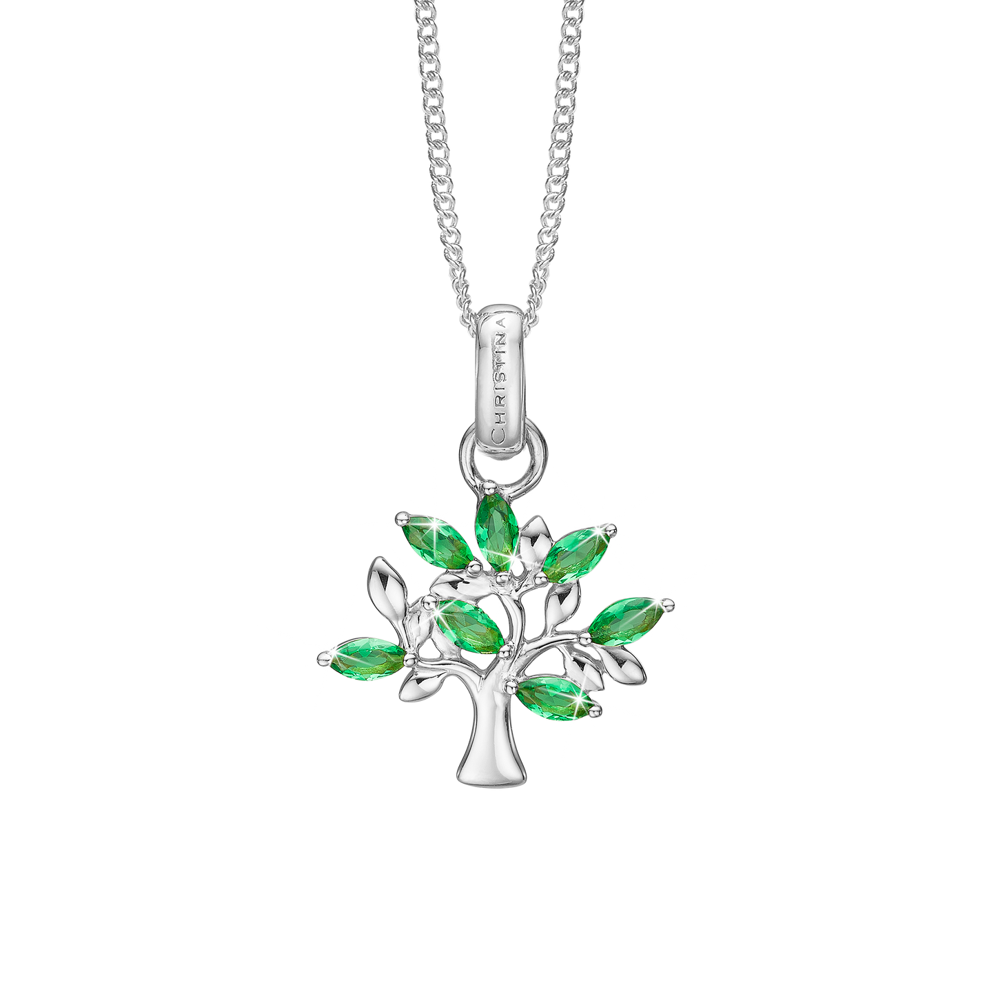 Green Family Tree Earring Pendant - Sterling Silver with 7 Greenne Cubic Zirkonia