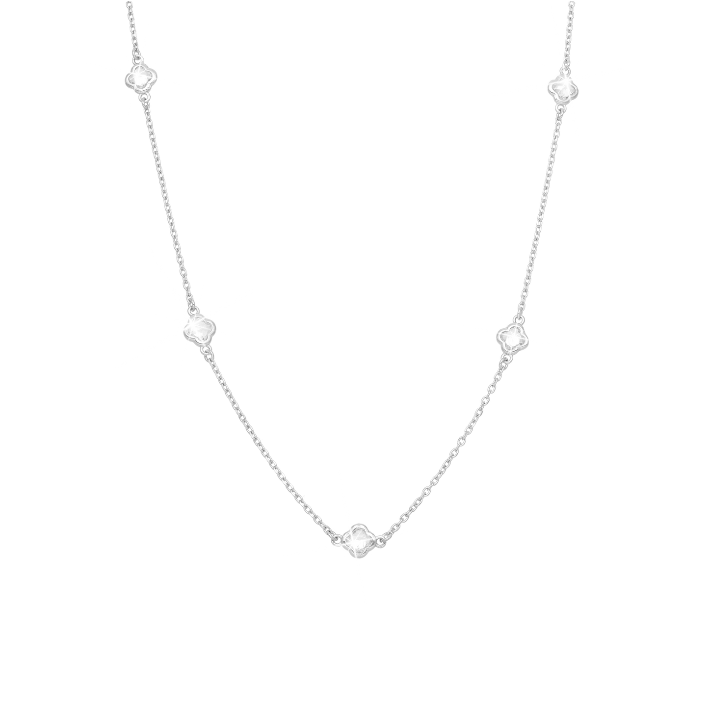 Glowing Clover Necklace - Polished Sterling Silver with 3 white Cubic Zirkonia