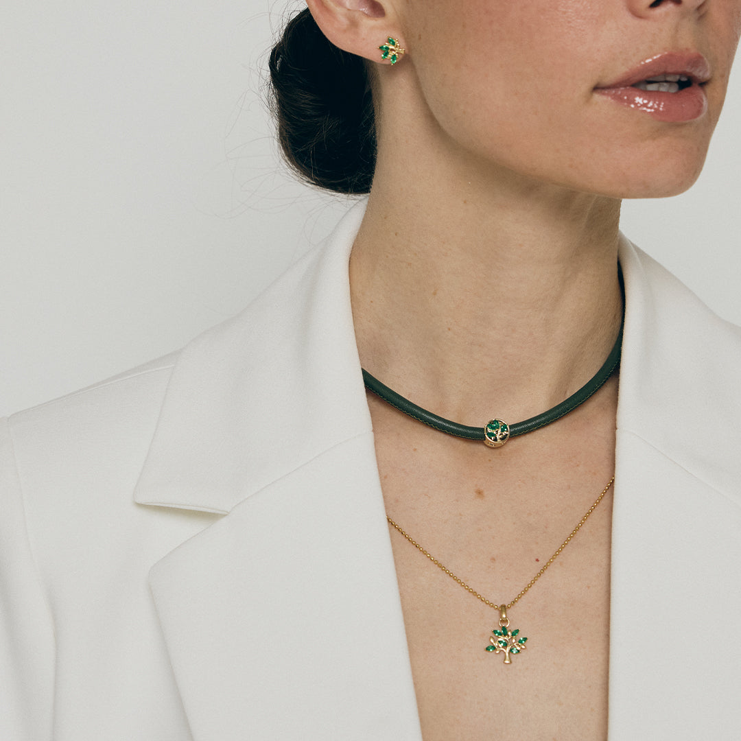 Green Family Tree Stud Earrings - Gold Plated Sterling Silver with 8 Greenne Cubic Zirkonia