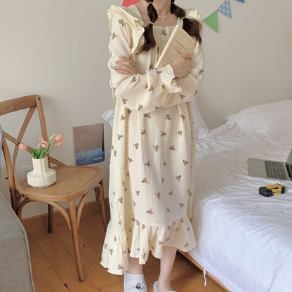 Cotton Yarn Home Wear Floral Flounce Square Collar Nightdress