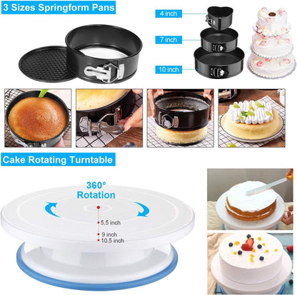 398PCS Cake Decorating Supplies Kit, Baking Tools Set For Cakes -3 Packs Springform Cake Pans Cake Rotating Turntable 48 Numbered Piping Icing Tips 4 Russian Nozzles 9 Fondant Tools For Beginners