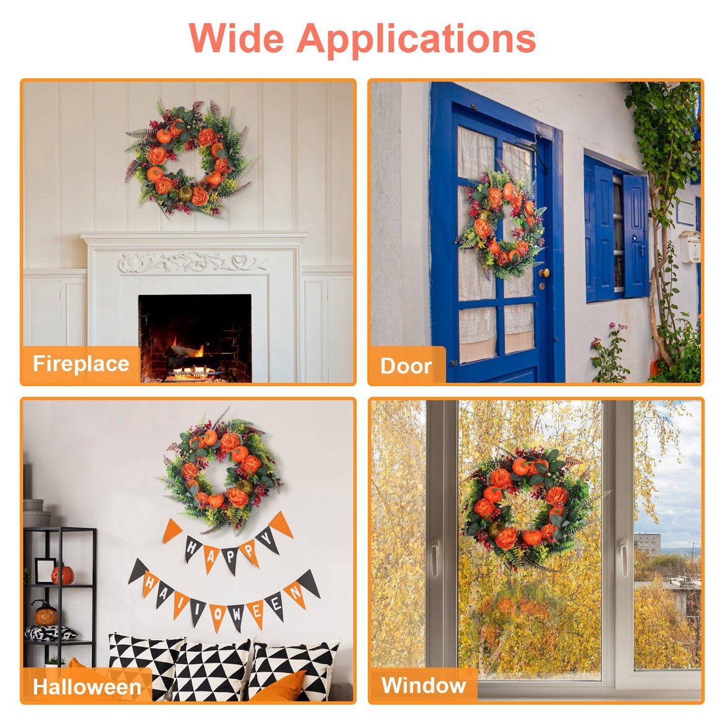 1Pc 17.71IN Autumn Wreath With Pumpkin Mixed Leaves Berries Flowers Fall Decoration For Indoor Outdoor Window Wall Front Door In Halloween Thanks Giving Day
