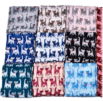 Cartoon cat print scarf cat Bali yarn scarf silk scarf art pattern to protect the heating square scarf