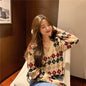 V-neck retro diamond plaid loose pullover core-spun yarn sweater women