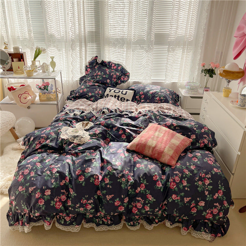 Cotton Lace Three-piece Garden Floral Bed Sheet