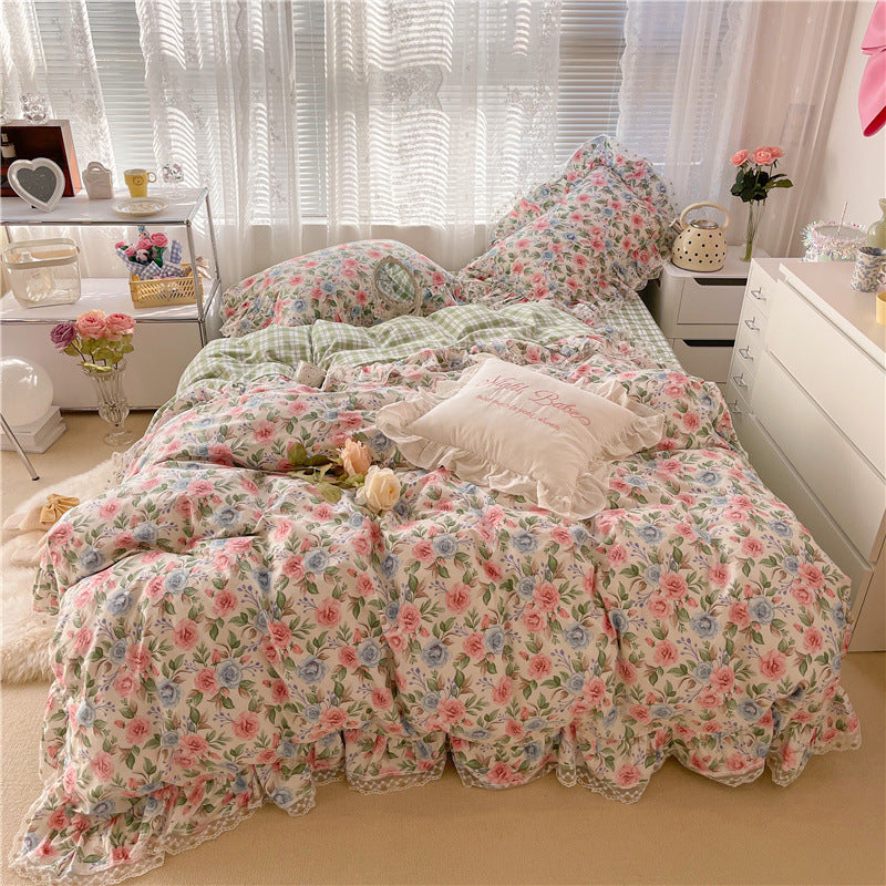 Cotton Lace Three-piece Garden Floral Bed Sheet