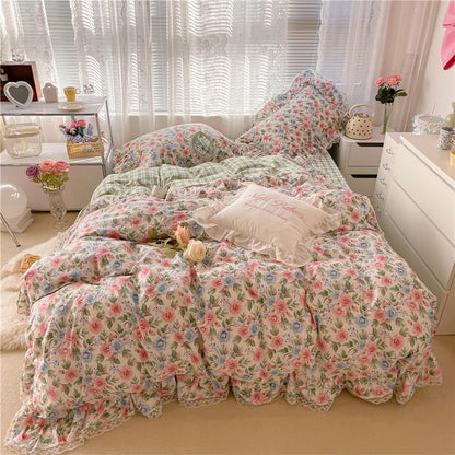 Cotton Lace Three-piece Garden Floral Bed Sheet