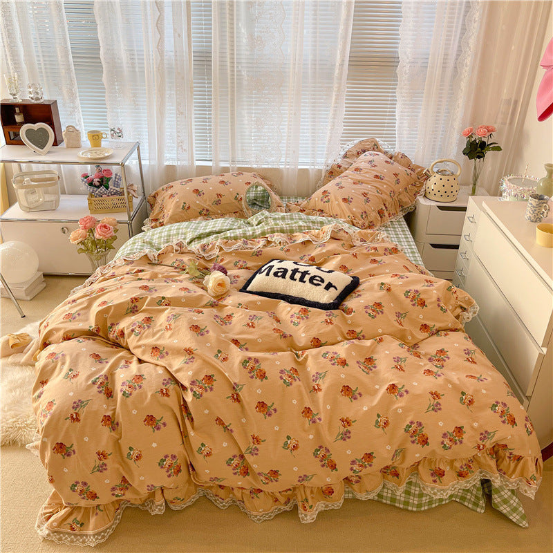 Cotton Lace Three-piece Garden Floral Bed Sheet