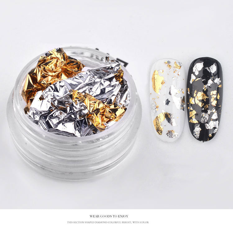 Goldene und silberne Nagelsticker aus Zinnfolie, Dekorationen, Kristall-Phototherapie-Nagelfolie