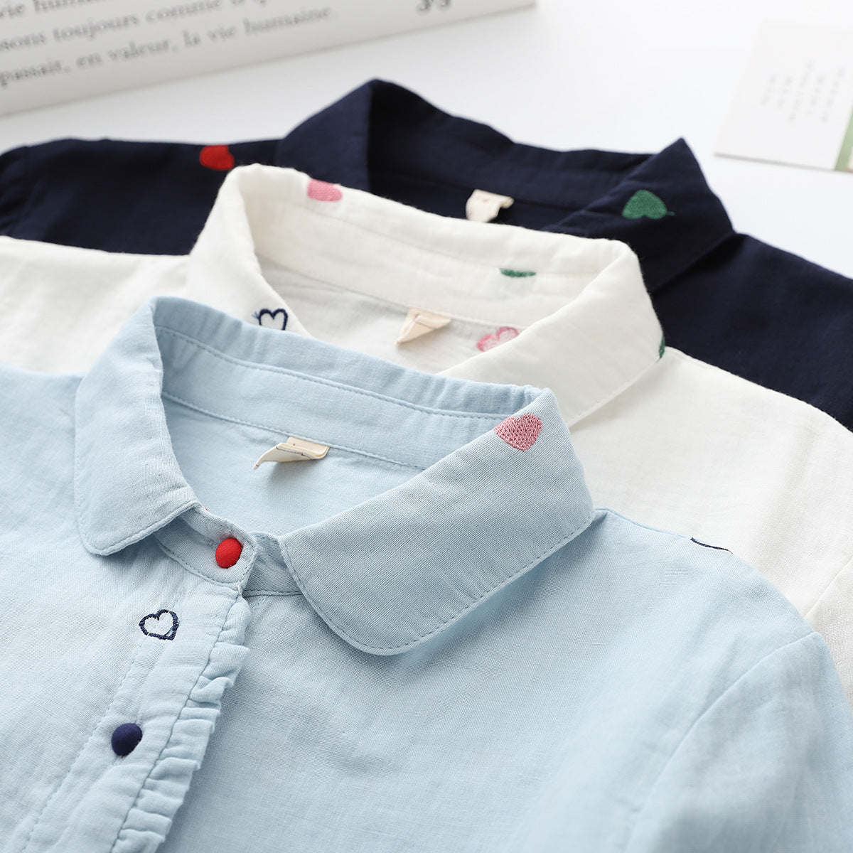 Women's Artistic Double-layer Cotton Yarn Doll Collar Printed Long-sleeved Shirt