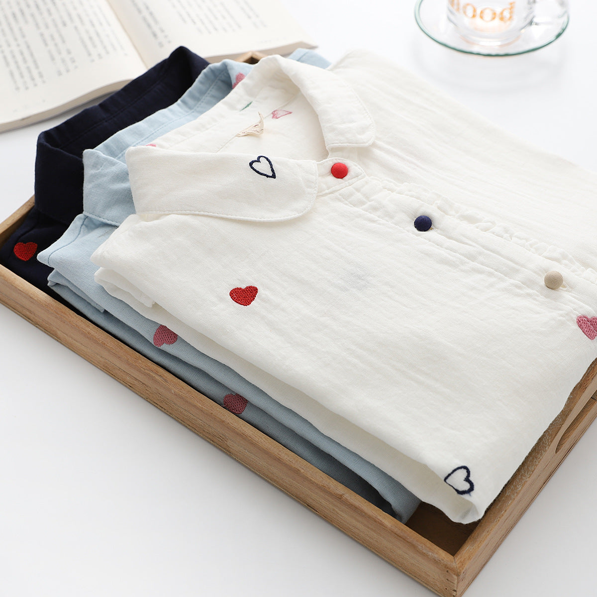 Women's Artistic Double-layer Cotton Yarn Doll Collar Printed Long-sleeved Shirt