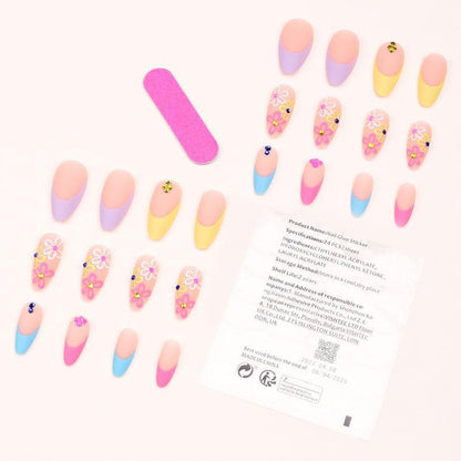 Rainbow Small Flower Wear Drop Shape Pointed Toe Nail Tip Rhinestone Wearable French