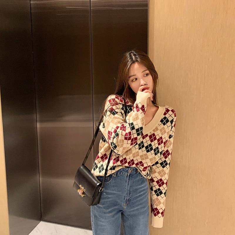 V-neck retro diamond plaid loose pullover core-spun yarn sweater women