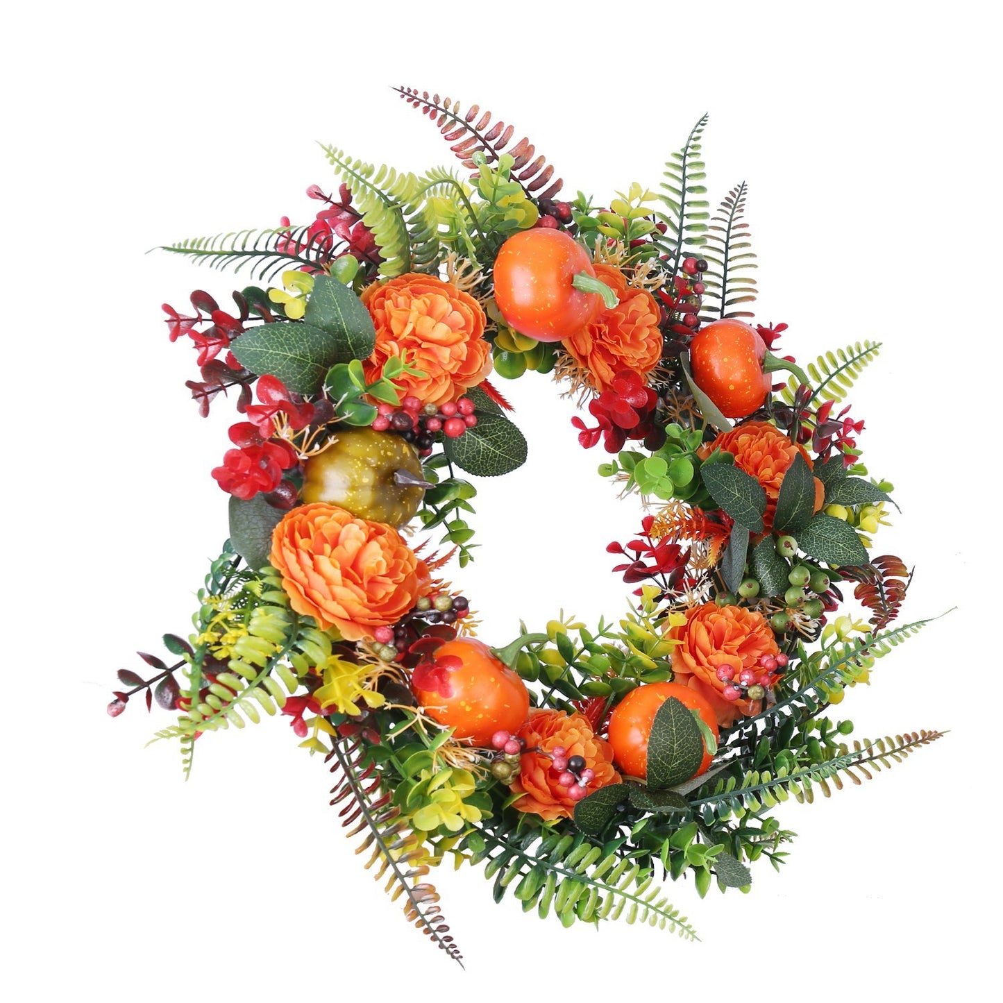 1Pc 17.71IN Autumn Wreath With Pumpkin Mixed Leaves Berries Flowers Fall Decoration For Indoor Outdoor Window Wall Front Door In Halloween Thanks Giving Day