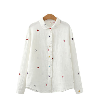 Women's Artistic Double-layer Cotton Yarn Doll Collar Printed Long-sleeved Shirt