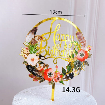 Dark Flowers Acrylic Happy Birthday Baking Cake Decoration