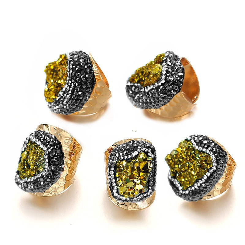 Irregular natural crystal cluster ring, original stone crystal set with diamonds, natural stone gold-plated handmade jewelry