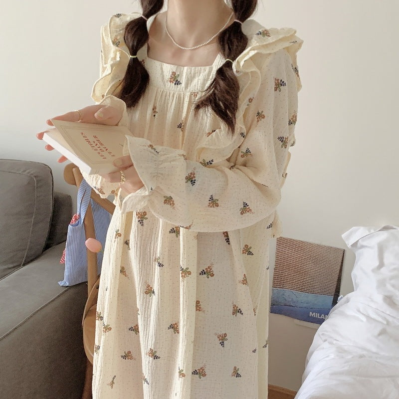 Cotton Yarn Home Wear Floral Flounce Square Collar Nightdress