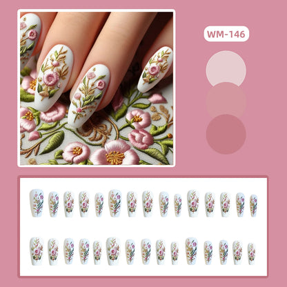 WM-146 Pastel Embroidery Fake Nails Short T National Style Flowers Expensive Temperament