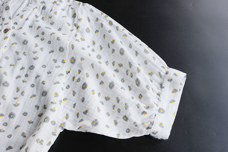 Women's Short Sleeve Cotton Yarn Print Stand Collar Shirt