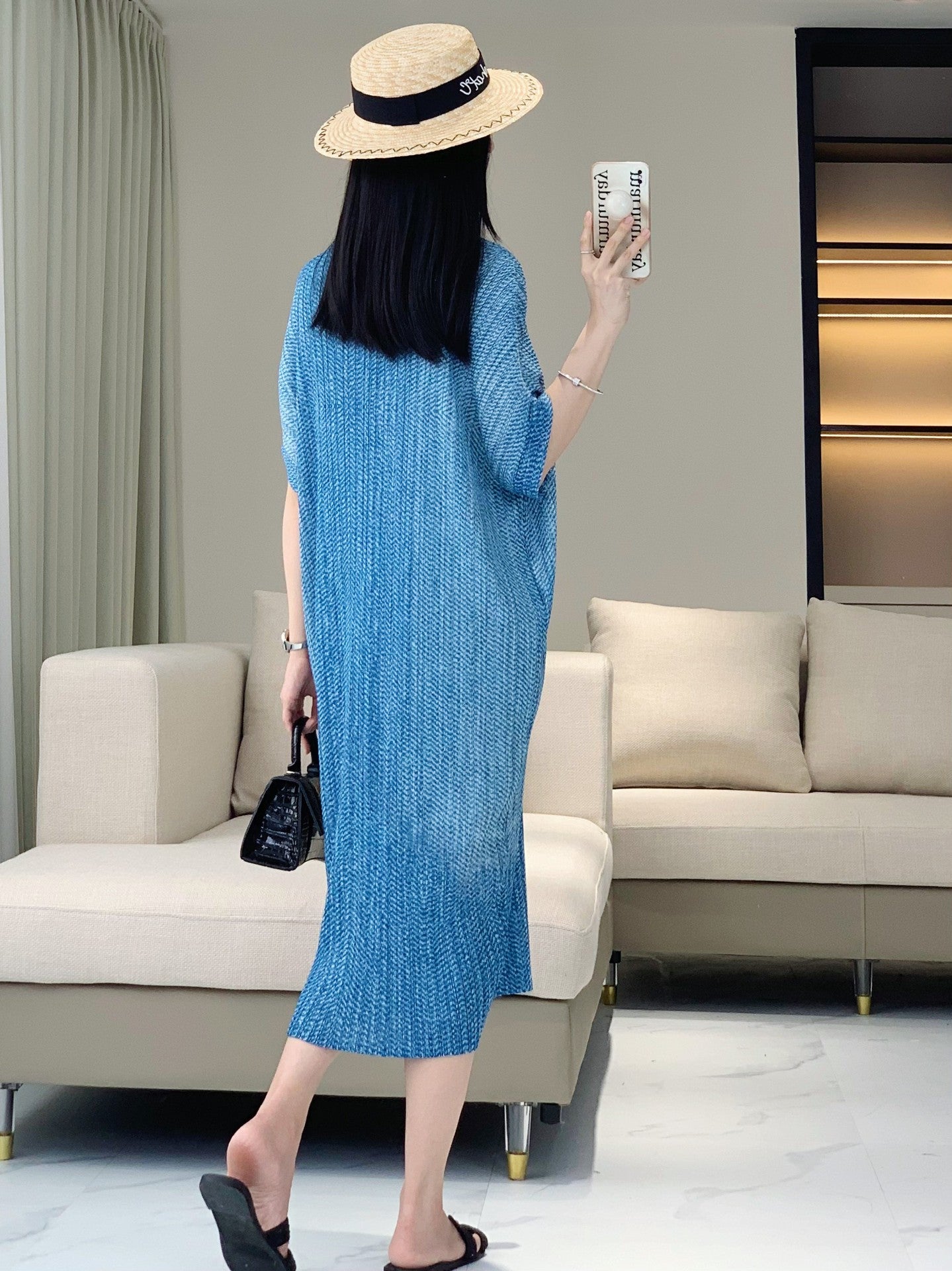 Casual loose dress women's summer solid color trend lapel button short sleeved pleated mid length skirt