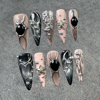 Dyed Nail European And American Long Pointed Nail Metal Hand Painted Ins Relief Sweet Cool