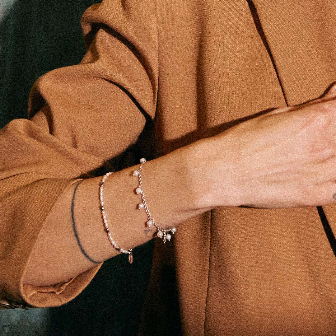 Dangling Pearls Bracelet - Sterling Silver with 9 white Freshwater Pearls