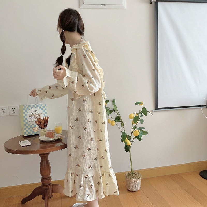 Cotton Yarn Home Wear Floral Flounce Square Collar Nightdress