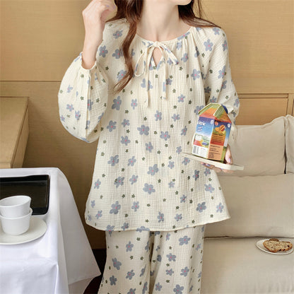 Women's Pajamas Cotton Yarn Print Pullover Tie