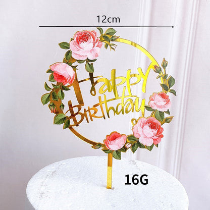 Dark Flowers Acrylic Happy Birthday Baking Cake Decoration