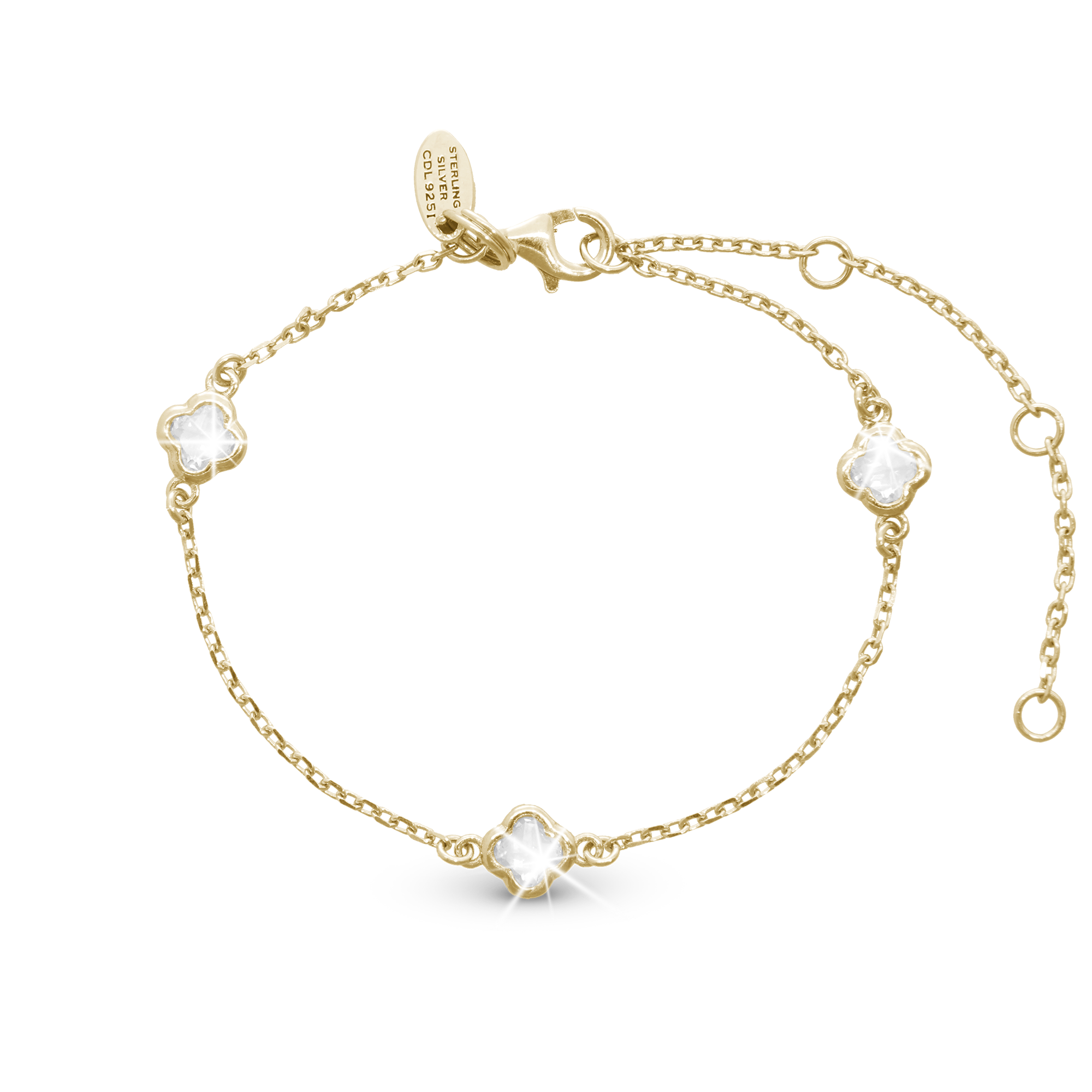 Glowing Clover Bracelet - Polished Gold Plated Sterling Silver with 3 white