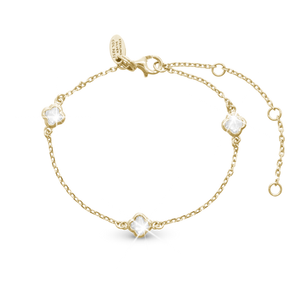 Glowing Clover Bracelet - Polished Gold Plated Sterling Silver with 3 white